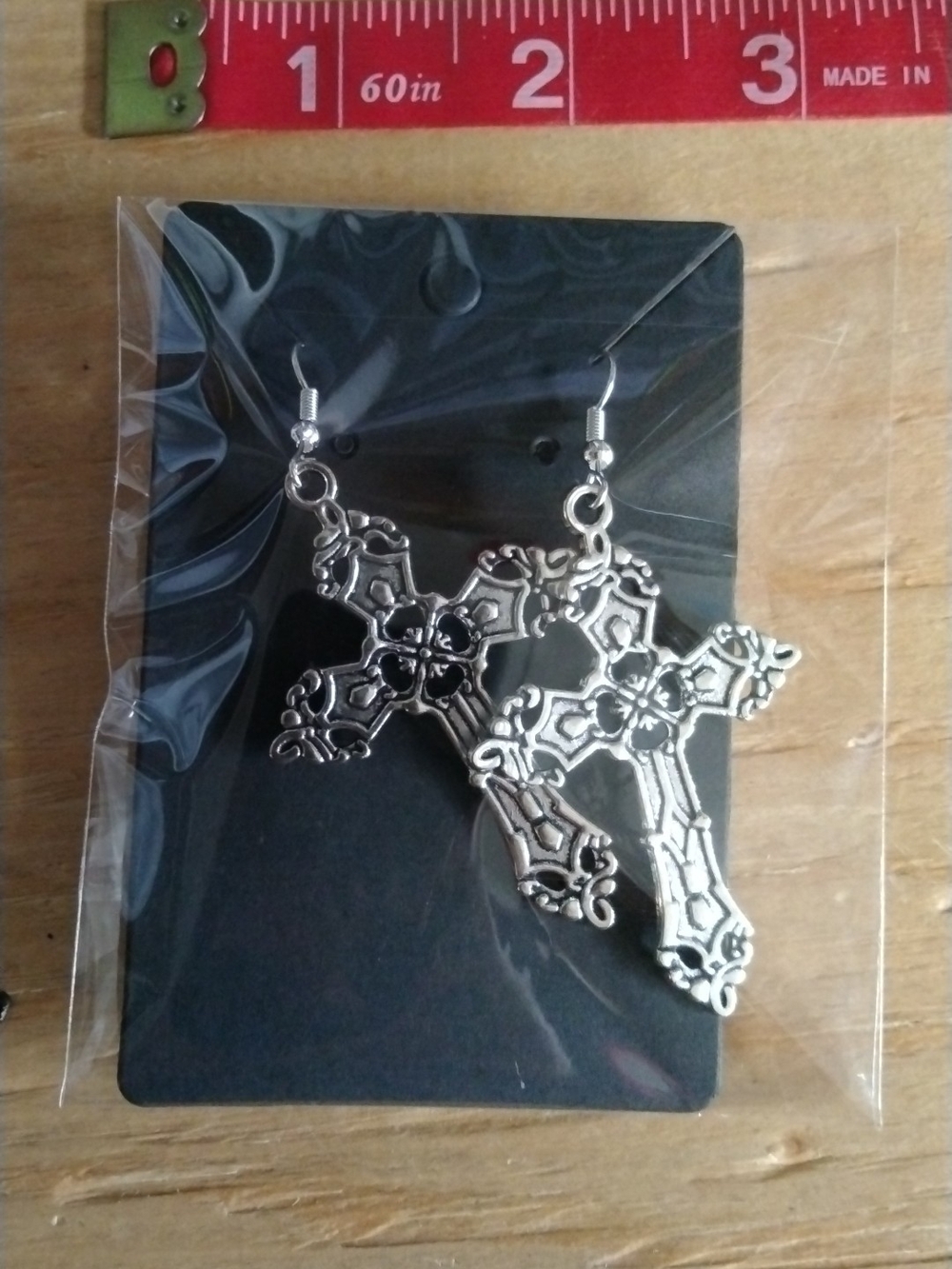 Silver Filigree Cross Dangle Earrings - Ornate Floral Design